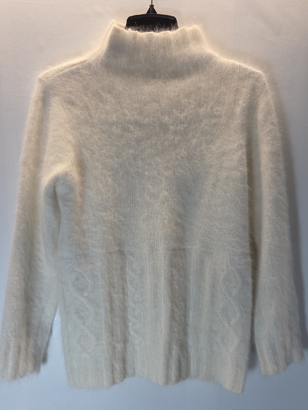 Bloomingdale's Rabbit Hair Blend Cream Cable-Panel Mock Neck Sweater Size S